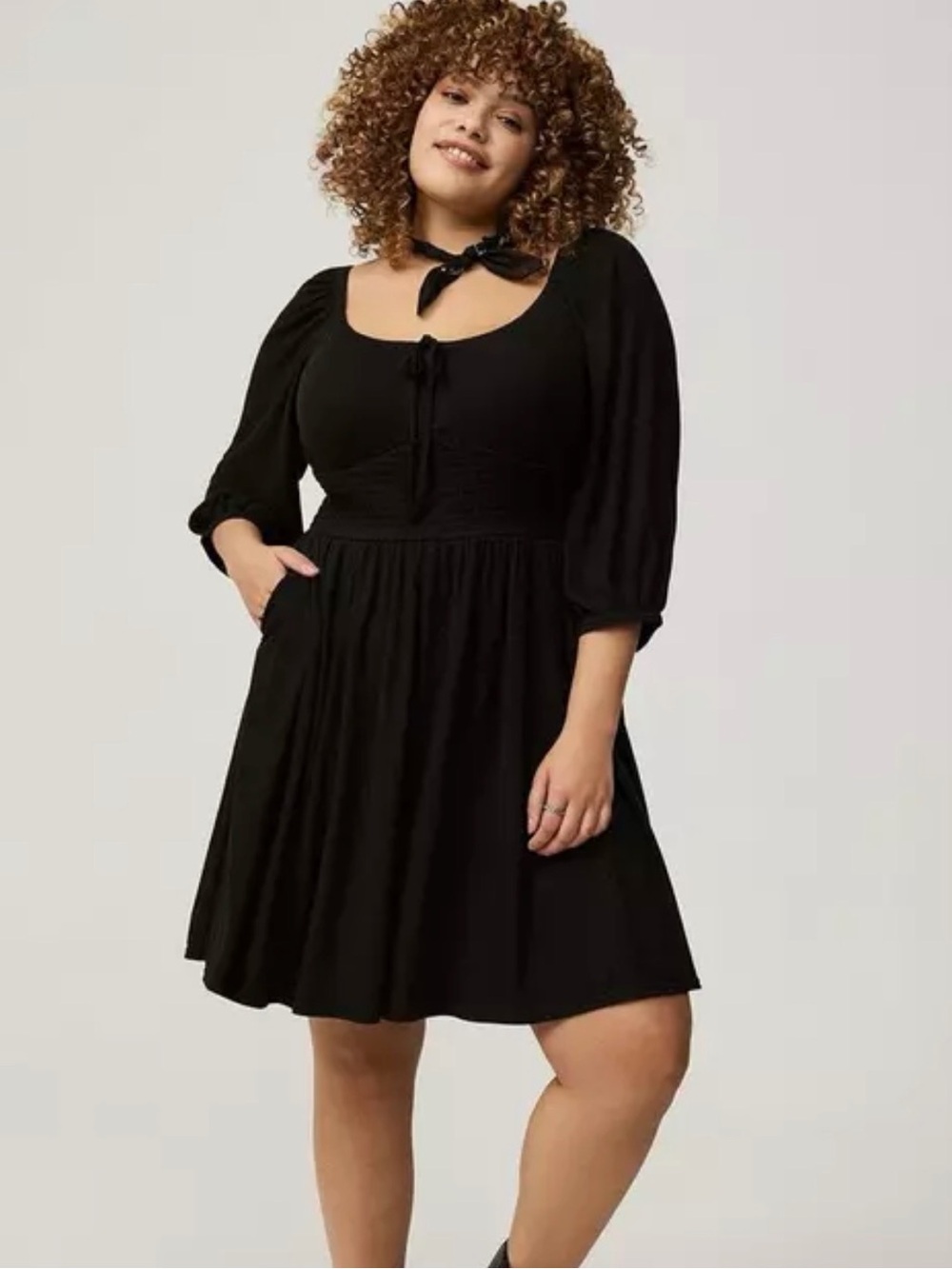 Black Scoop Neck Smocked-Waist Dress